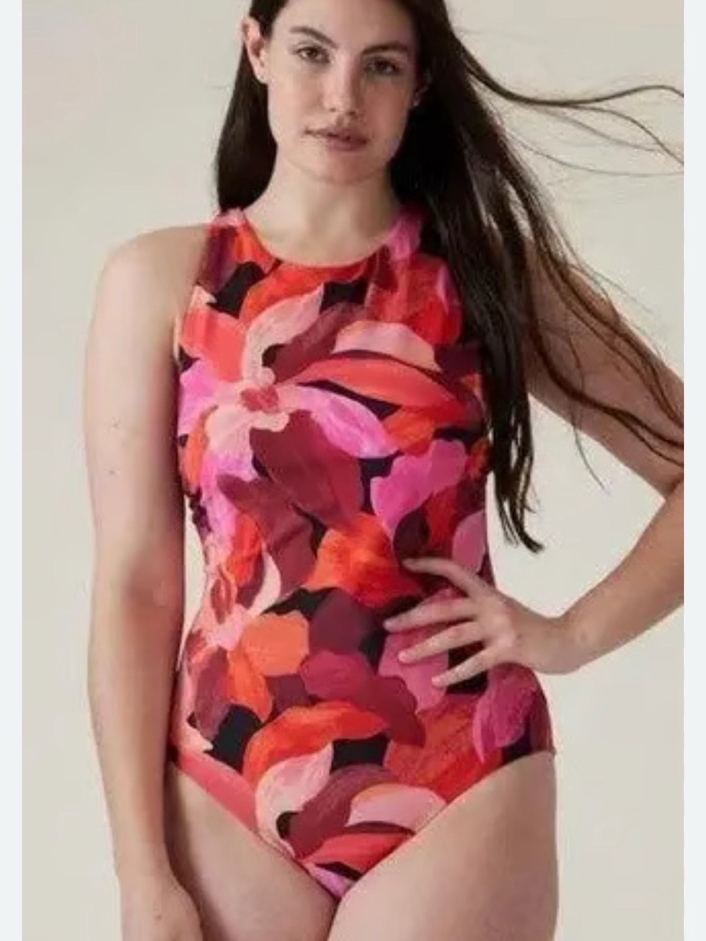 Athleta Maldives High-Neck Liana Floral One-Piece Swimsuit — Pink, Red & Black